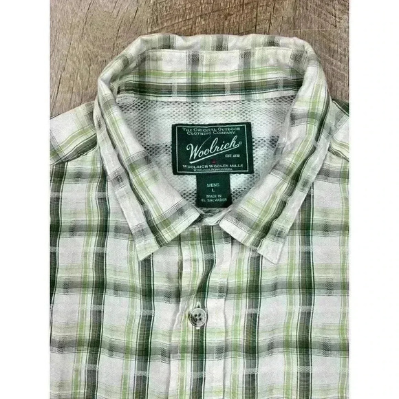 Woolrich Button Shirt Mens Large Green Plaid S/S Zip Pocket Modal Hiking 6302 - Picture 3 of 9